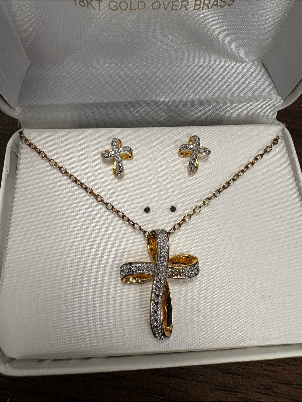 Prime Art & Jewel 18KT Gold Over Brass Cross Pendant Necklace & Earring Set - Picture 2 of 6